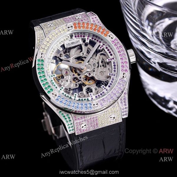 Replica Skeleton Hublot Rainbow Watch Rose Gold 45mm With Brown Leather Strap