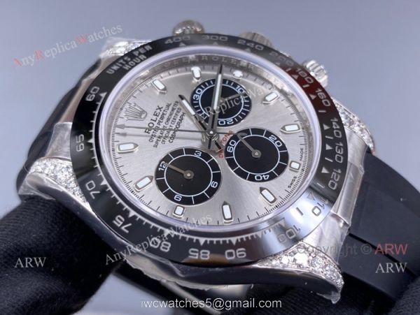 Pre-Sale Noob Factory Rolex Daytona Grey Dial Rubber Strap Swiss 4130 Watch with diamonds on the lugs