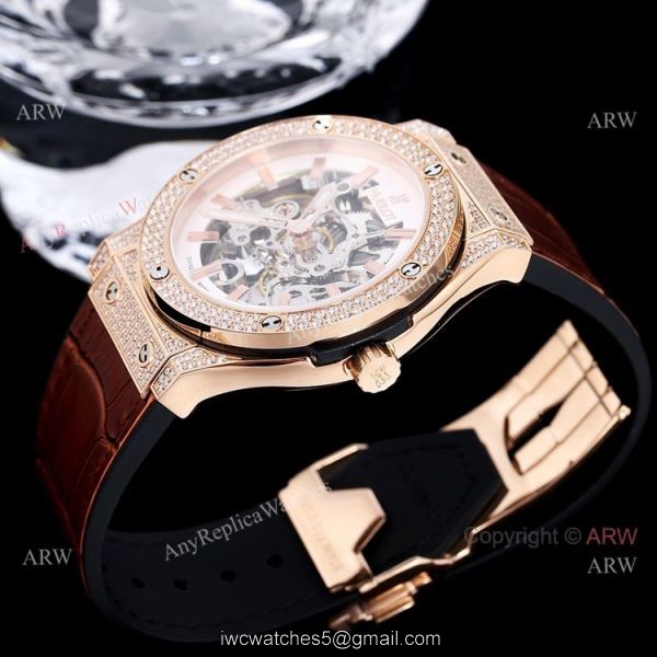 45mm Hublot Big Bang Rose Gold Skeleton Watch With Diamonds For Mens Replica