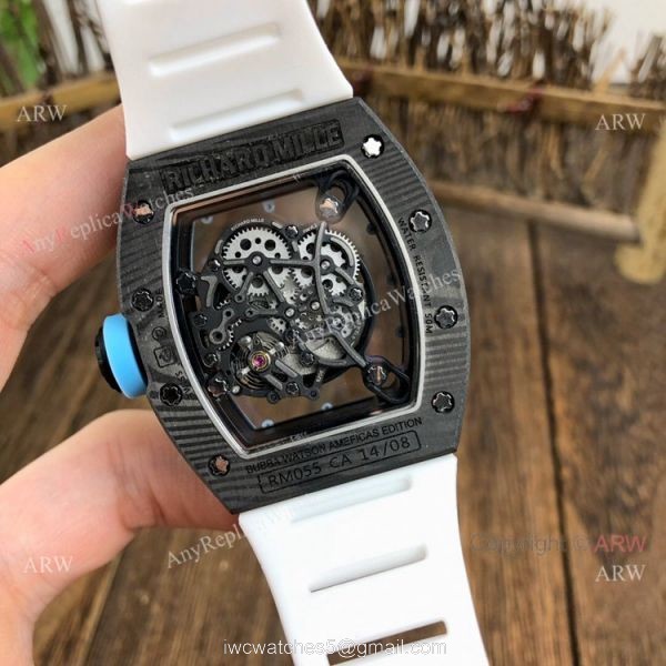 Copy Richard Mille Clear Watch RM055 Carbon Fiber White Rubber Strap Watch