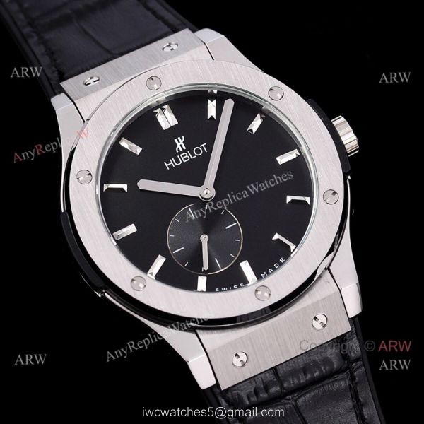 Mens Hublot Classic Fusion 42mm Black Dial Black Leather Strap Watch Replica