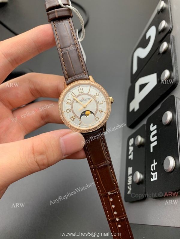 ZF Factory Replica Jaeger Lecoultre Rendez-Vous Rose Gold Watch White Face Brown Leather Strap