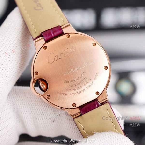 New Ladies Cartier Ballon Bleu 33mm Rose Gold diamond Purple Dial Purple Leather Strap Replica Watches