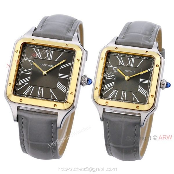 Buy The Best Cartier Santos Dumont Couple Watches Grey Dial Grey Leather Strap Replica