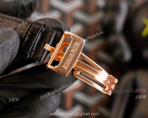 High End Replica Audemars Piguet Royal Oak Rose Gold Grey Dial Automatic Watch With Diamonds Black Leather Strap