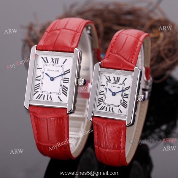 Rose Gold Cartier Tank Couple Watch White Face Brown Leather Strap High Quality Replica