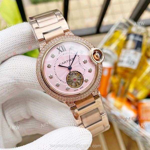 Replica Ladies Cartier Ballon Bleu 36mm With Diamonds Tourbillon Watch Pink Face