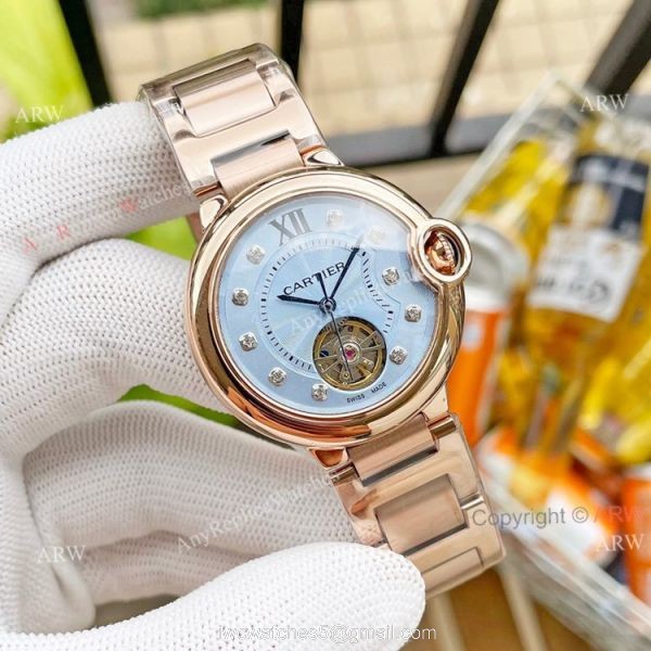 Replica Ladies Cartier Ballon Bleu Tourbillon 36mm Ice Blue Dial Watch With Diamonds