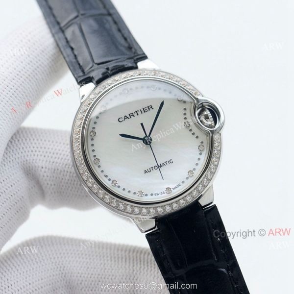 Swiss Quality 36mm Cartier Ballon Bleu Ladies Replica Watch With Diamond Bezel Brown Leather Strap