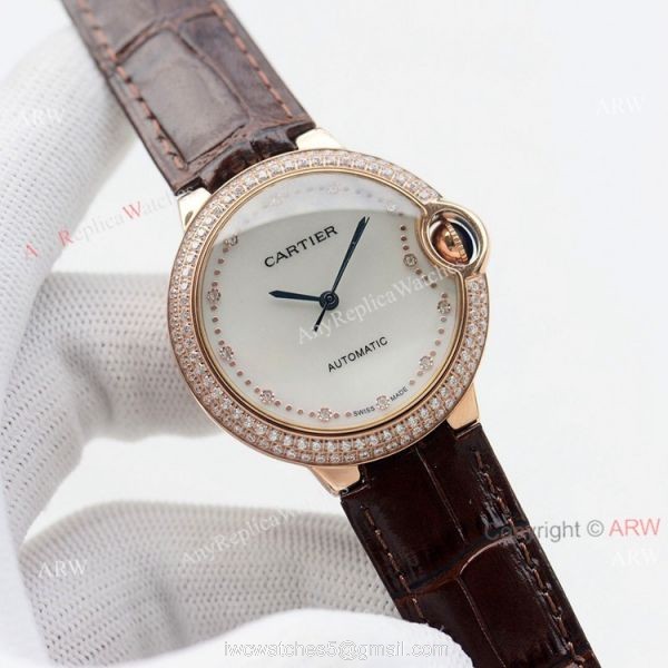 Swiss Quality Replica Cartier Ballon Bleu 36mm Rose Gold Diamond Bezel White Mop Dial Automatic Watch