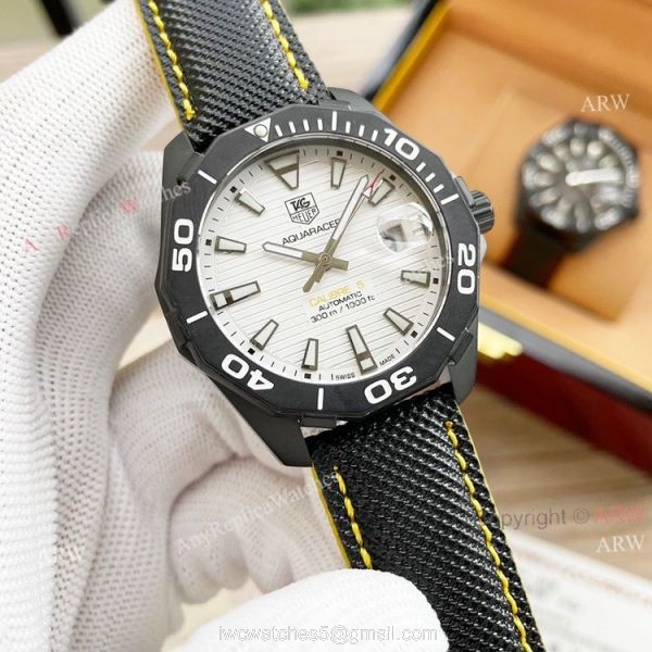 Tag Heuer Aquaracer Calibre 5 White Face 44 Replica Watch Black Steel Black Leather Strap