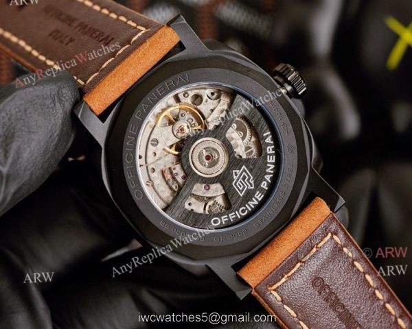 All Black Panerai Radiomir GMT Automatic Watch 45mm Brown Leather Strap High Copy
