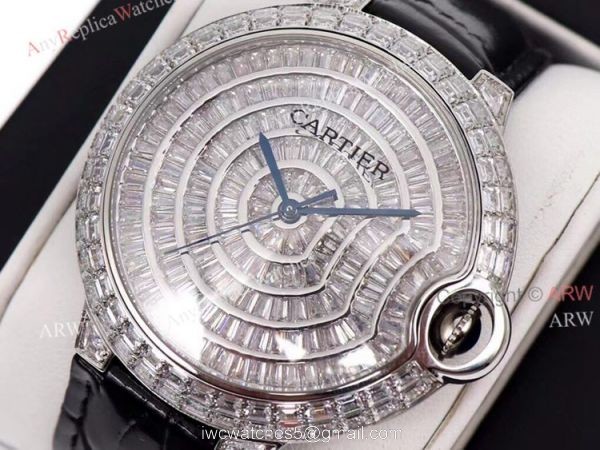 Iced Out Cartier Ballon Bleu 42mm Black Leather Strap Watch Replica