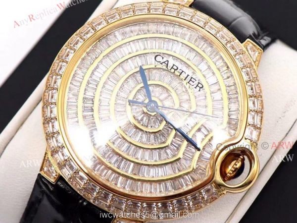 Gold Cartier Ballon Bleu 42mm Full Diamonds Knockoff Watch