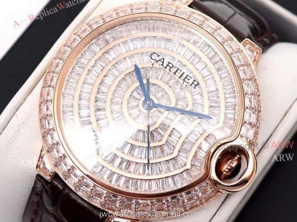 Replica Cartier Ballon Bleu 42mm Leather Strap Rose Gold Watch With Diamonds