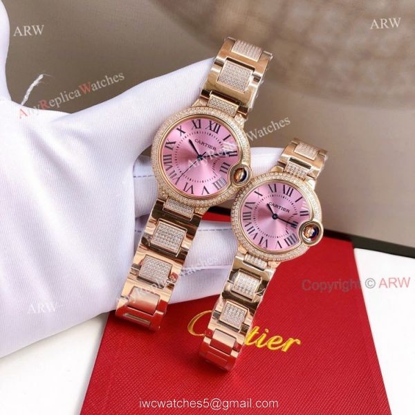 Ladies Cartier Ballon Bleu Pink Face Replica Watches With Diamonds