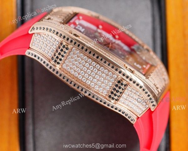 (RM Factory) Knockoff Richard Mille Rm010 Rose Gold Skeleton Watch Red Rubber Strap