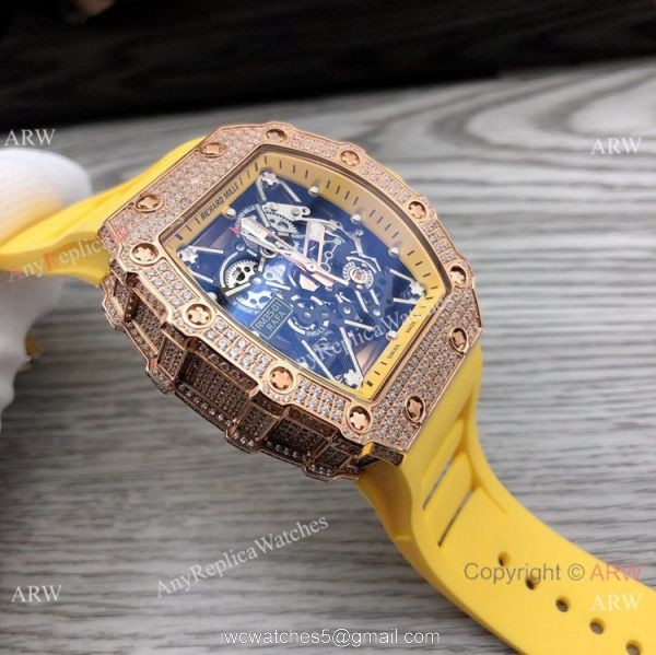 Swiss Quality Richard Mille RM35-01 Rafael Nadal Watch Rose Gold Diamond Yellow Rubber Strap