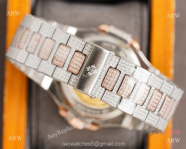 Swiss Grade Patek Philippe Nautilus 40mm Watch 9015 Ultra-thin Full Diamond Dial 2-Tone Rose Gold