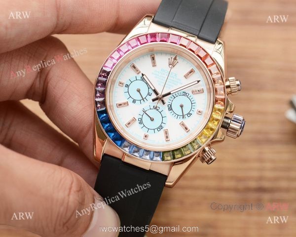 Fake Rolex Daytona Rainbow Watch Gold case White Dial Japan-quartz