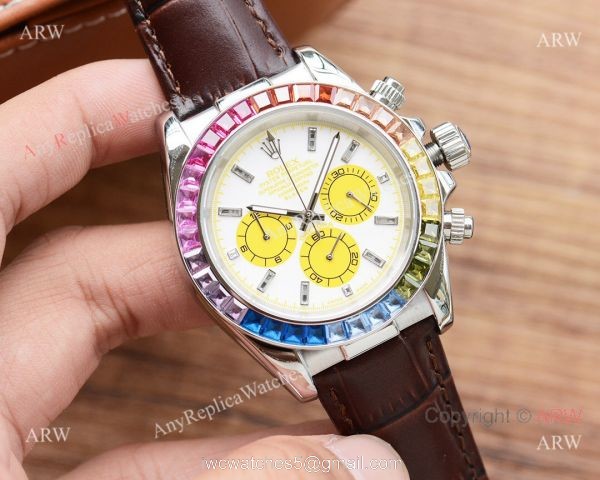 Fake Rolex Daytona Rainbow Watch Leather Band White Dial Japan-quartz