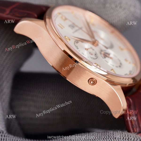 Fake IWC Portuguese Moonphase Rose Gold Case 42MM Brown Leather Strap Watch