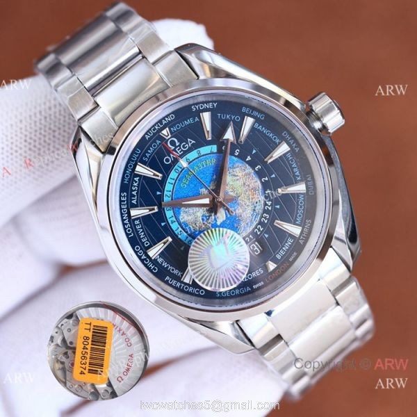 Swiss Quality Omega Aqua Terra Worldtimer Blue Rubber Watch