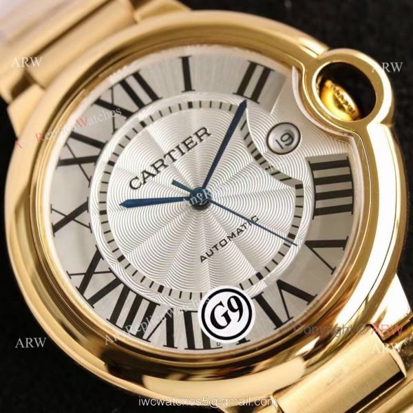 Replica V6 Cartier Balloon Blue Rose Gold Case White Face Watch SS Strap