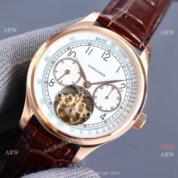 Copy Longines Master Tourbillon Rose Gold Case Black Face Leather 42MM Watch