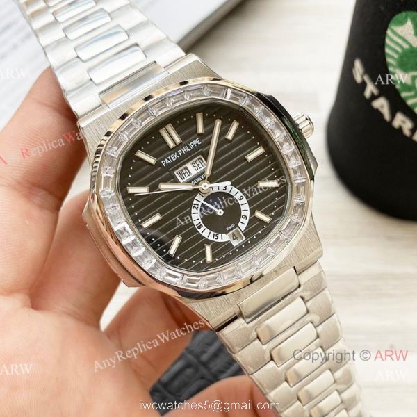 Clone Patek Philippe Annual Calendar Nautilus Watches Olive Green with Diamond 42mm