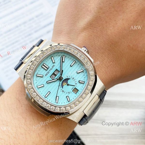New Clone Patek Philippe Nautilus Annual Calendar Watch Baby Blue Face with Diamonds