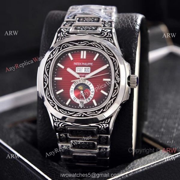 Copy Patek Philippe Nautilus Annual Calendar Watches Silver Dial Engraving Case