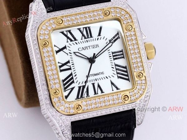 Iced Out Cartier Santos Watch Two Tone Case Automatic Movement Iced Out Cartier Santos Watch Two Tone Case Automatic Movement