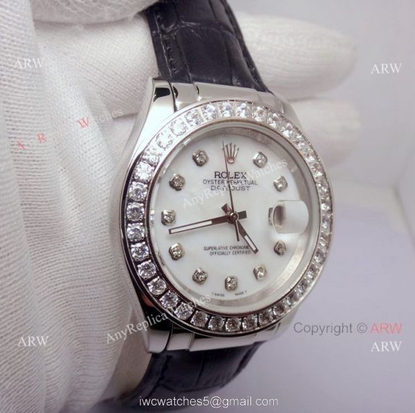 Rolex White MOP Face Diamond Bezel Black Leather Band Watch Rolex White MOP Face Diamond Bezel Black Leather Band Watch