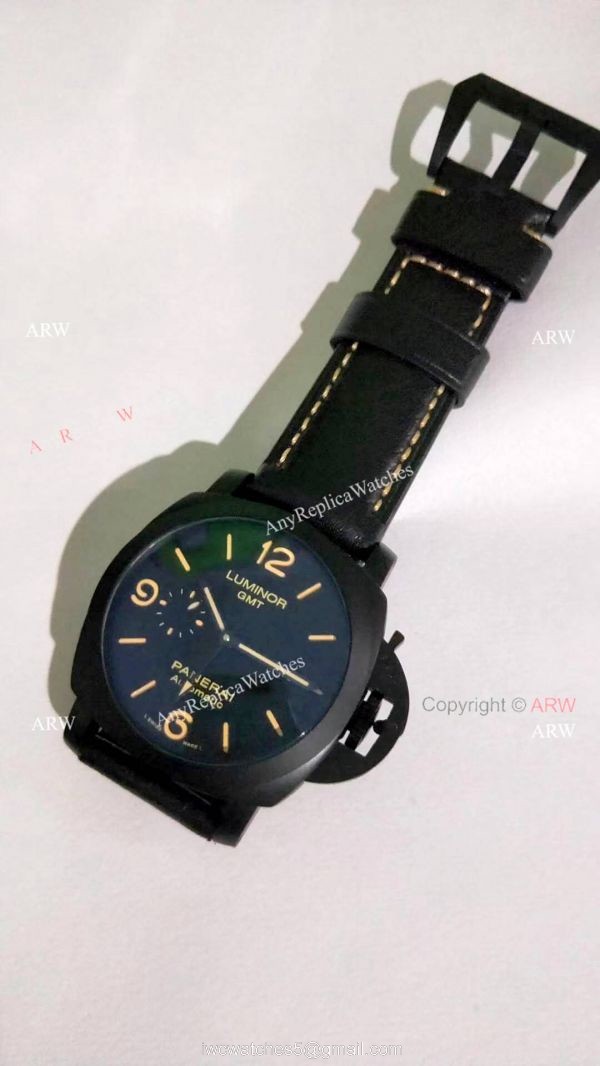 Clone Panerai Luminor GMT PAM00320 Black Steel Watch Orange Markers Clone Panerai Luminor GMT PAM00320 Black Steel Watch Orange Markers