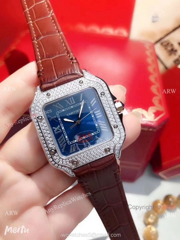 Cartier Santos 100 Diamond Replica Watch SS Diamond Case Blue Leather Strap Cartier Santos 100 Diamond Replica Watch SS Diamond Case Blue Leather Strap