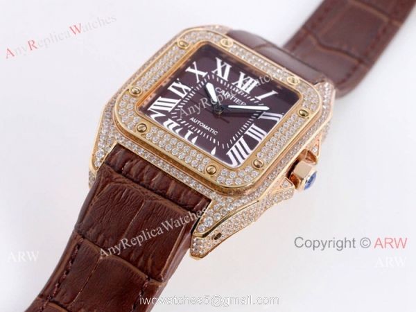 High Quality Cartier Santos De Diamond Case Brown Dial Wrist Automatic High Quality Cartier Santos De Diamond Case Brown Dial Wrist Automatic
