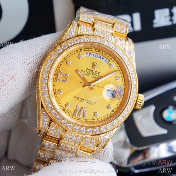 Replica Rolex Day Date II Watches Gold Iced Out Diamond Silver Dial Replica Rolex Day Date II Watches Gold Iced Out Diamond Silver Dial