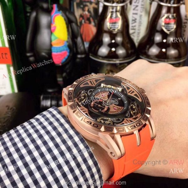Copy Roger Dubuis Excalibur Quatuor Men Watches Red Rubber Strap Rose Gold Case Copy Roger Dubuis Excalibur Quatuor Men Watches Red Rubber Strap Rose Gold Case