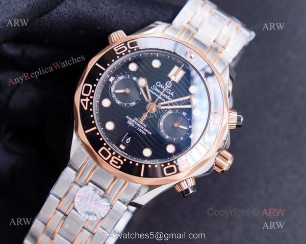 (TW)Swiss Copy Omega Seamaster 300m Two Tone Chronograph Watch with Black Wave Dial (TW)Swiss Copy Omega Seamaster 300m Two Tone Chronograph Watch with Black Wave Dial