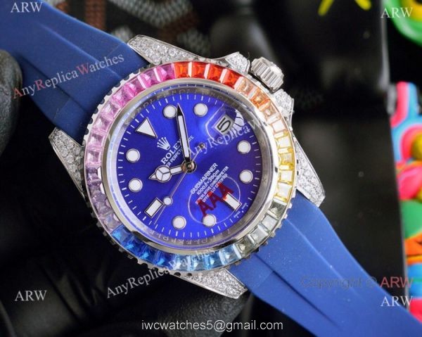 Top Replica Rolex Submariner Watch Rainbow Bezel Blue Rubber Strap Top Replica Rolex Submariner Watch Rainbow Bezel Blue Rubber Strap