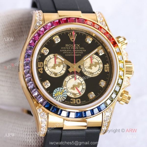 New Gold Rolex Daytona Rainbow Diamond Bezel Black Dial With Diamonds Watch Replica New Gold Rolex Daytona Rainbow Diamond Bezel Black Dial With Diamonds Watch Replica