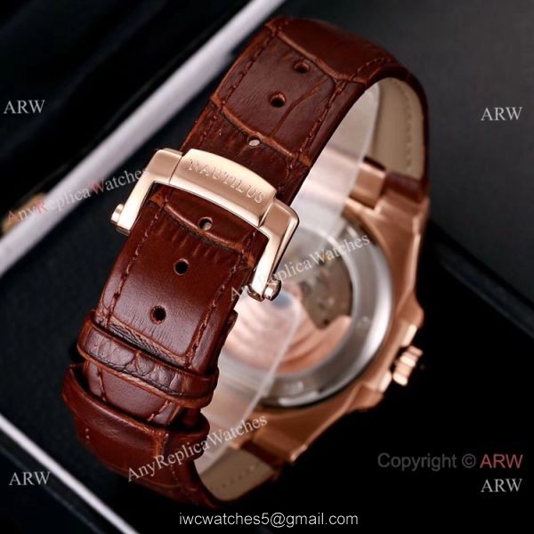 Best Copy Patek Philippe Nautilus 40mm Watches Rose Gold Brown Leather Band Best Copy Patek Philippe Nautilus 40mm Watches Rose Gold Brown Leather Band