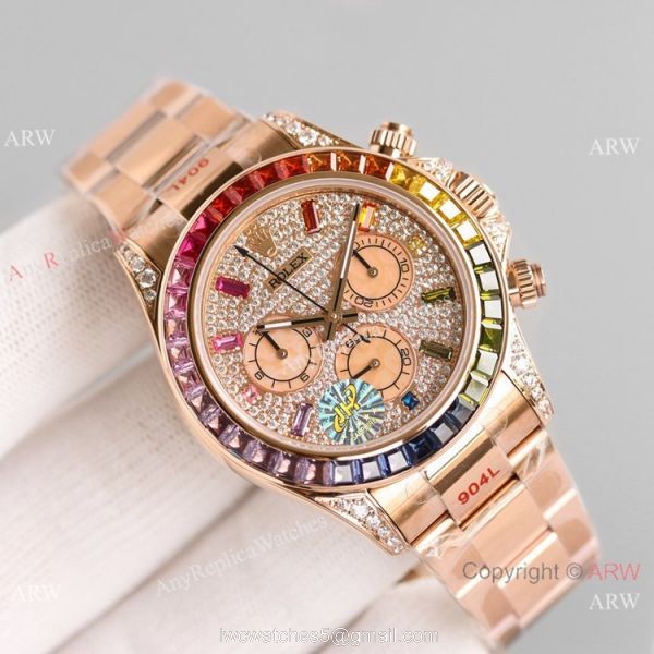 2021 NEW! Swiss Copy Rolex Daytona JH 7750 Watch Rainbow Rose Gold Full Diamond Dial 2021 NEW! Swiss Copy Rolex Daytona JH 7750 Watch Rainbow Rose Gold Full Diamond Dial