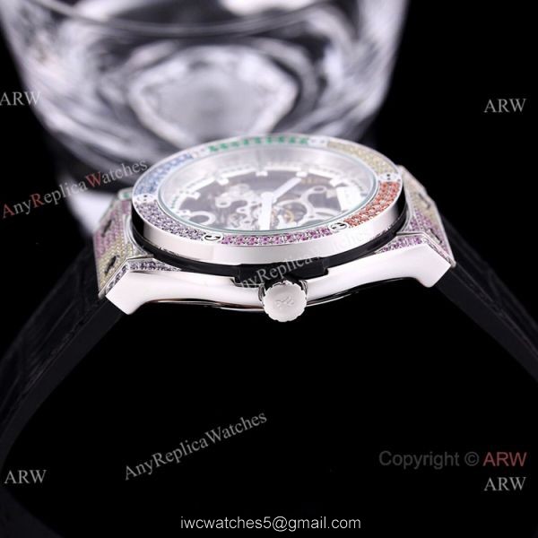 Replica Skeleton Hublot Rainbow Watch Rose Gold 45mm With Brown Leather Strap Replica Skeleton Hublot Rainbow Watch Rose Gold 45mm With Brown Leather Strap