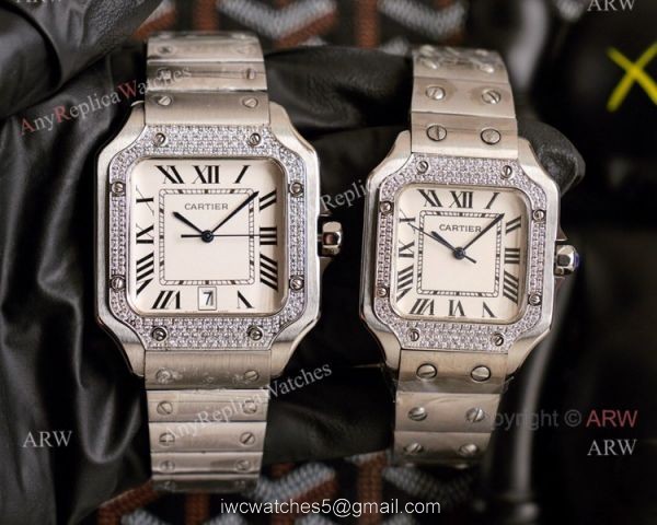 Swiss Quartz Cartier Santos Gold Copy Watch With Diamonds White Dial With Roman Markers Swiss Quartz Cartier Santos Gold Copy Watch With Diamonds White Dial With Roman Markers
