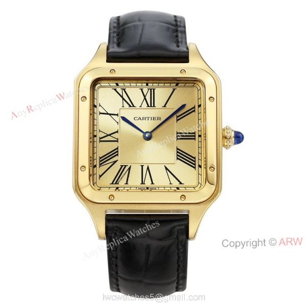 TWF Yellow Gold Cartier Santos-Dumont Gold Face Black Leather Strap Copy Watch For Men And Women TWF Yellow Gold Cartier Santos-Dumont Gold Face Black Leather Strap Copy Watch For Men And Women