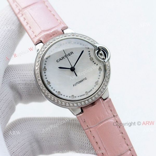 Swiss Quality 36mm Cartier Ballon Bleu Ladies Replica Watch With Diamond Bezel Brown Leather Strap Swiss Quality 36mm Cartier Ballon Bleu Ladies Replica Watch With Diamond Bezel Brown Leather Strap