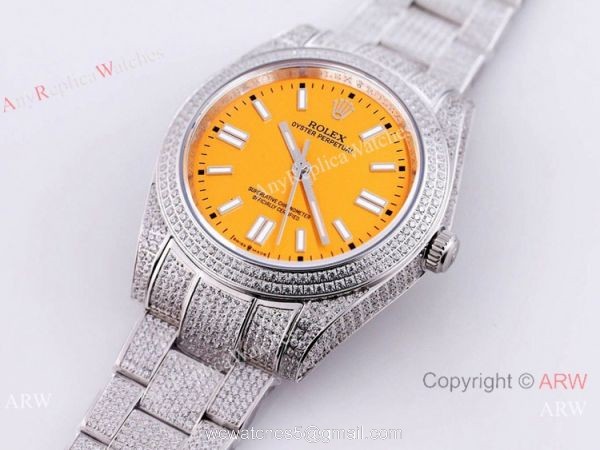 Swiss Quality Iced Out Rolex Oyster Perpetual 41 Wrist Yellow Dial Full Diamond Case Swiss Quality Iced Out Rolex Oyster Perpetual 41 Wrist Yellow Dial Full Diamond Case