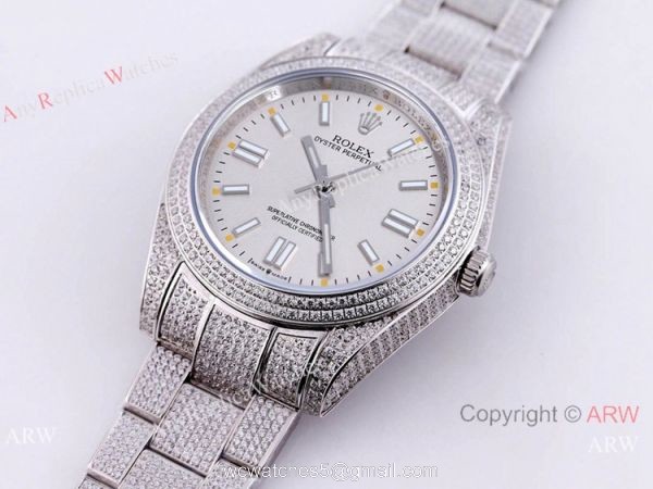 Swiss Quality Iced Out Rolex Oyster Perpetual 41mm Watch Full Diamond Case Silver Dial Swiss Quality Iced Out Rolex Oyster Perpetual 41mm Watch Full Diamond Case Silver Dial
